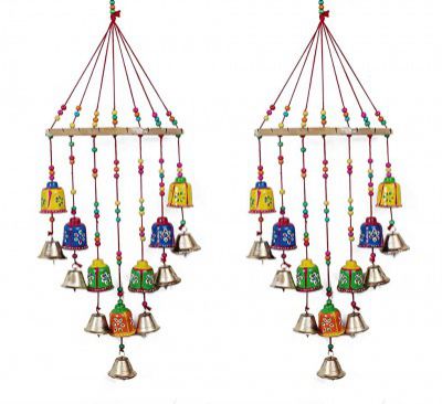 Handcraft Rajasthani Wooden Colored Bells Desing Wall Hanging Decorative showpice (Set of 2 Piece)