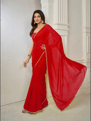 hanumant handwork Solid/Plain Bollywood Georgette Saree  (Red)