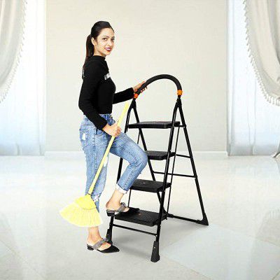 Happer Premium PVC Foldable 4 Steps Ladder Clamber (Black & Orange)
