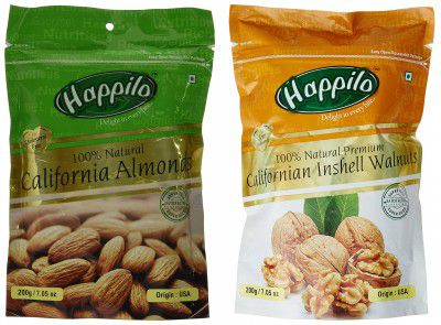 Happilo 100% Natural Premium Californian Almonds,Dried,200g & Natural Premium Californian Inshell Dried Walnuts, 200g