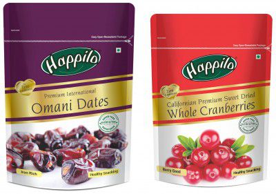Happilo Dried Premium International Omani Dates, 250g & Premium Californian Dried and Sweet Whole Cranberries, 200 g