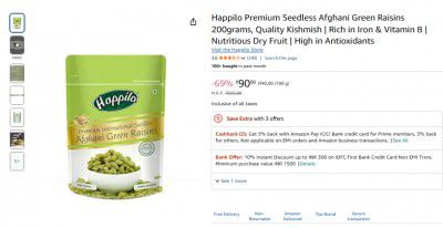 Happilo Premium Seedless Afghani Green Raisins 200grams, Quality Kishmish | Rich in Iron & Vitamin B | Nutritious Dry Fruit | High in Antioxidants