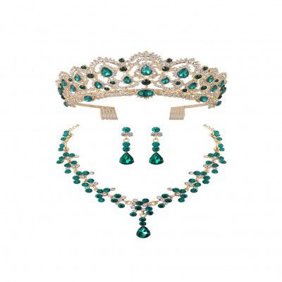 Happyyami Wedding Tiara Necklace and Earring Set, Crown and Jewelry Set, Baroque Tiara Rhinestone Crown with Comb Retro Rhinestone Necklace Earrings Queen Jewelry for Women, Green