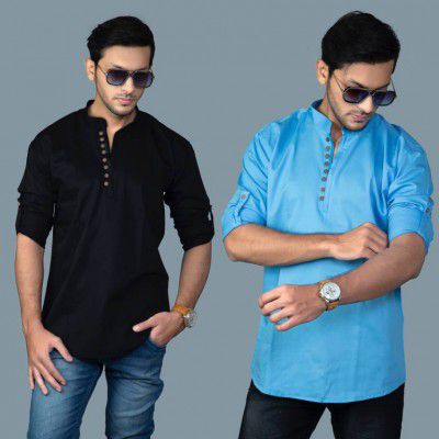 Hashtag  Pack of 2 Men Solid Pure Cotton Straight Kurta  (Light Blue, Black)