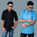 Hashtag  Pack of 2 Men Solid Pure Cotton Straight Kurta  (Light Blue, Black)...