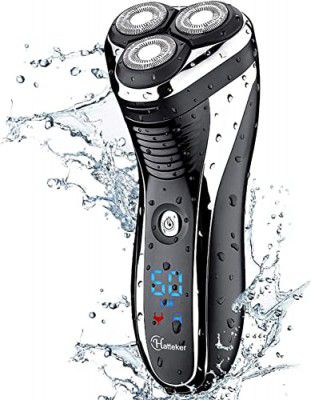 Hatteker Men's USB Rechargeable Electric Shaver Cordless Rotary Wet and Dry Beard Pop-Trimmer, Black