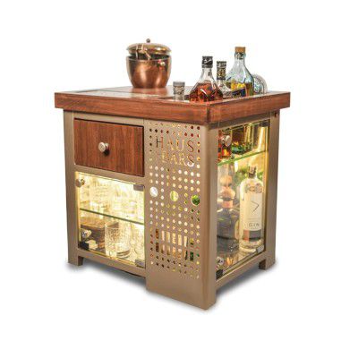 HAUS OF BARS Metal by Speedx- Model M Mini Bar for Home, Matte Gold with Right Side Display Cabinet