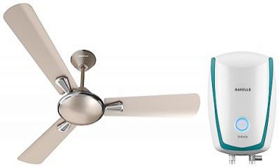 Havells 1200mm Festiva Energy Saving Ceiling Fan (Gold Mist, Pack of 1) Instanio 1-Litre 3KW Instant Water Heater (Geyser), White Blue