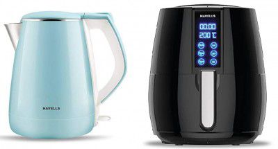 Havells Aqua Plus 1.2 litre Double Wall Kettle / 304 Stainless Steel Inner Body / Cool touch outer body / Wider mouth/ 2 Year warranty (Blue, 1500 Watt) & Prolife Digi 1230-Watts Air Fryer, 4 Liters