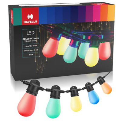 Havells Celebrations Vibrant RGB String Light for Indoor & Outdoor Festival Decoration (10 Metre,33 Feet, 21 Bulbs & 3 Spare Bulbs)