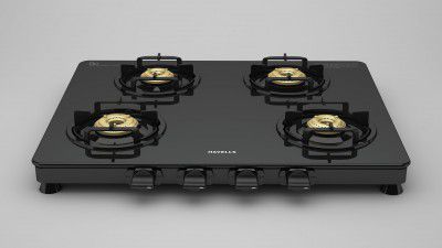 [Extra Rs.1749 OFF] Havells Contour Toughened Glass-Top 4 Brass Burner LPG Gas Stove (Black)