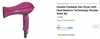 Havells Foldable Hair Dryer with Heat Balance Technology (Purple, 1000 W)