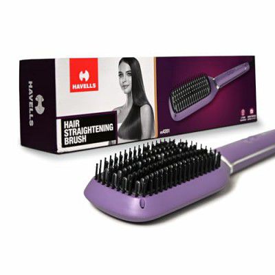 Havells Keratin Infused Hair Straightener Brush with Temperature Control for all hair types | 50W | Stunning Purple | HS4201