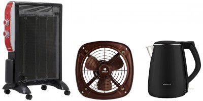 Havells Room Heater 1500W Pacifio Mica (Black & Rose Gold), Electric Kettle Aqua Plus 1250 Watts 1.2 liters (Black) & Ventil Air DSP 230mm Exhaust Fan (Choco Brown)