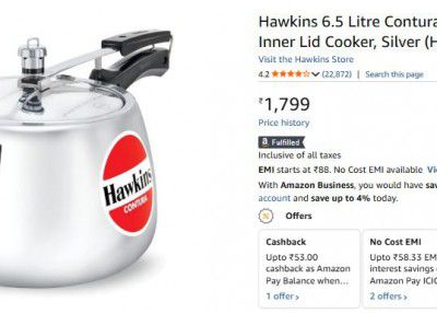Hawkins 6.5 Litre Contura Pressure Cooker, Handi Inner Lid Cooker, Silver (HC65) Aluminium