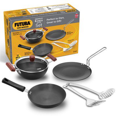 Hawkins Futura 6-Piece Hard Anodised Induction Gift Set - 2L Kadhai, 20cm Frying Pan, 26cm Tava(HAGP1)