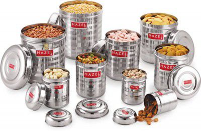 HAZEL 9 Pcs Set - 475 ml, 950 ml Steel Grocery Container (Pack of 9, Silver)