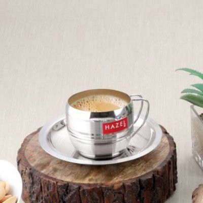 HAZEL Pack of 2 Stainless Steel Stainless Steel Cup Set With Saucer For Tea Chai Coffee Cups Mugs, 170ml Each  (Silver, Cup and Saucer Set)