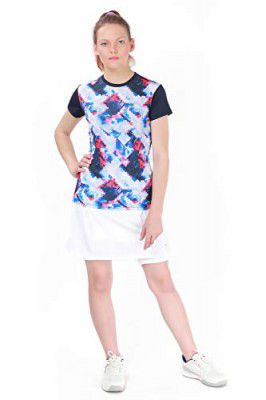 HEAD HG-30 Polyester Round Neck Tennis T-Shirt for Girls, Size - Medium, Colour - Dark-Navy/Royal-Blue/Red