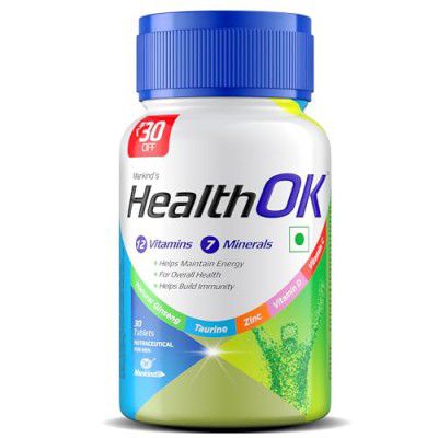 Health OK Multivitamin with Natural Ginseng, Taurine power, Daily Energy, alertness, Vitamin D, C & other 18 multivitamins minerals, 30 Tablets (Veg) x Pack of 1
