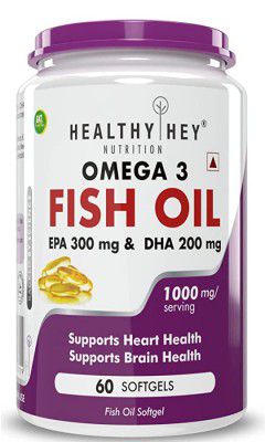 HealthyHey Omega 3 Fish Oil for Men and Women, Mercury Free, Double Strength (1000 MG), Burpless, EPA 300 - DHA 200 Supplement, 60 Softgel Fish Oil Capsule