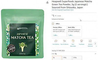 Heapwell Superfoods Japanese Matcha Green Tea Powder, 3g (2 servings) | Sourced from Shizuoka, Japan