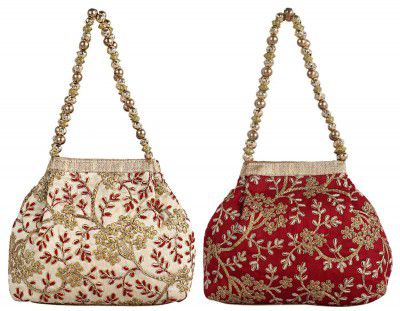 Heart Home 2 Pieces Embroidered Woman Potli Bag (Cream & Maroon) - CTHH10633, Multicolour, Standard