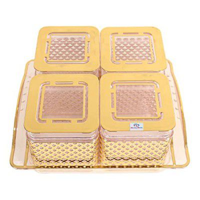 Heart Home 4 Containers & Tray Set|Unbreakable Gold Plated Plastic Snackers,Cookies,Nuts Serving Tray|Airtight Containers with Lid,400 ml (Gold)