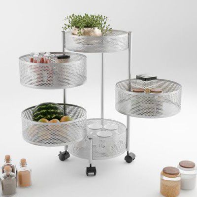 Heart Home 4+1 Layer Kitchen Storage Rack | Metal Kitchen Trolley with Wheels | Vegetable Rack for Kitchen | Revolving Vegetable & Fruit Stand for Kitchen | Round Shape - Silver