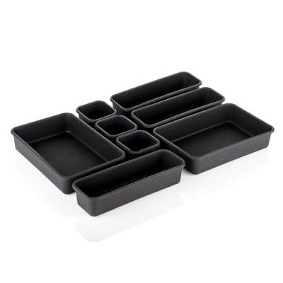 Heart Home 8 Pcs Set Storage Organizer | Kitchen Organizer | Makeup Organizer Tray Set | Desk Drawer Divider Tray | Multi-Purpose Stationery Organizer with Interlock | Black
