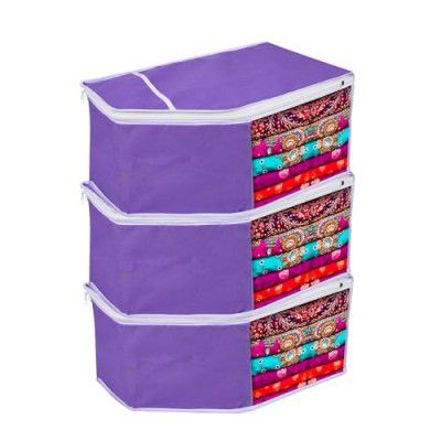 Heart Home Blouse Storage Bag | Clothes Storage Bag | Visible Window Wardrobe Bag | Clothes Organizer | Blouse Cover Bag for Travel | White Piping | Pack of 3 | Purple