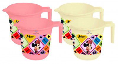 Heart Home Disney Mickey Minnie Print Plastic Bathing Mugs, 500 ML (Set of 4,Pink & Cream)