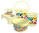 Heart Home Disney Mickey Minnie Print Plastic Bathroom Set of 5 Pieces with Bucket, Tub, Stool, Dustbin & Mug (Cream)-HEARTHS15273 -HS_35_HEARTHS17963...