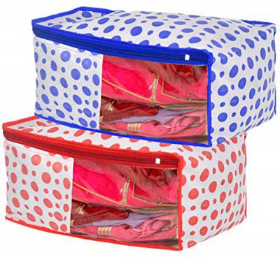 Heart Home Dot Printed Foldable, Lightweight Non-Woven Blouse Cover/Organizer With Tranasparent Window- Pack of 2 (Blue & Pink)-46HH0311