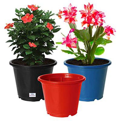 Heart Home Durable Plastic Flower Pot|Gamla for Indoor Home Decor & Outdoor Balcony,Garden,6"x5",Pack of 3 (Black,Blue,Red)