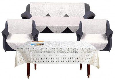 Heart Home Flower Design Shining Cotton 7 Piece 5 Seater Sofa Cover with Center Table Cover (Cream) (CTHH05851)