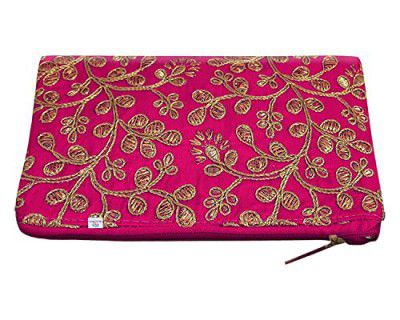 Heart Home Hand Purse|Embroidery Stylish Silk Small Wallet Purse with Back Side Zip (Pink)