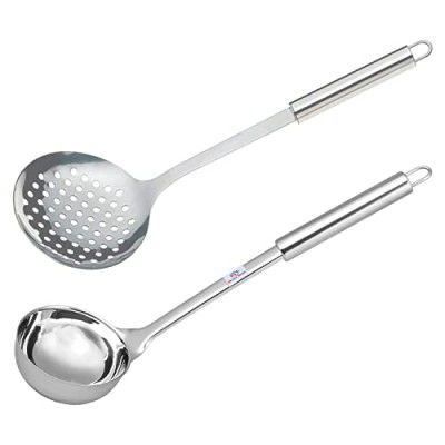 Heart Home Ladle & Skimmer|Stainless Steel Serving Set|Nonstick Cooking Set|Utensils Cookware Gadgets for Kitchen|Pack of 2 (Silver)