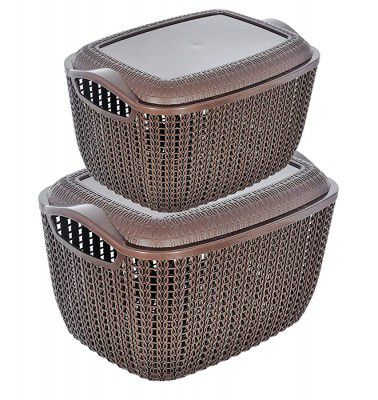 Heart Home Multipurposes Large & Small M 30-25 Plastic Basket, Organizer For Kitchen, Countertops, Cabinets, Bathroom With Lids- Set of 2 (Brown) -46HH054