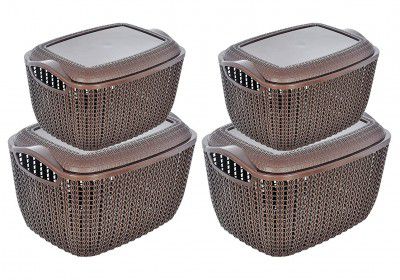 Heart Home Multipurposes Large & Small M 30-25 Plastic Basket, Organizer for Kitchen, Countertops, Cabinets, Bathroom with Lids- Pack of 4 (Brown) -46KHH056