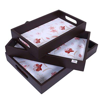 Heart Home Nested Serving Trays|Wooden Flower Design Farmhouse Platter|Rectangular Shape Coffee Table Trays with Handle for Kitchen,Dining Area,Set of 3 (Brown)