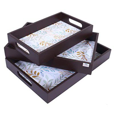 Heart Home Nested Serving Trays|Wooden Leaf Design Farmhouse Platter|Rectangular Shape Coffee Table Trays with Handle for Kitchen,Dining Area,Set of 3 (Brown)