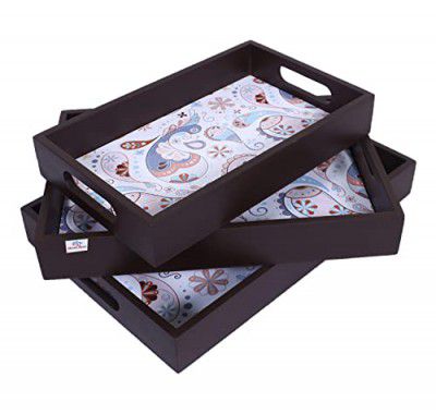 Heart Home Nested Serving Trays|Wooden Paisley Design Farmhouse Platter|Rectangular Shape Coffee Table Tray with Handles for Kitchen,Dining Area,Set of 3 (Brown)