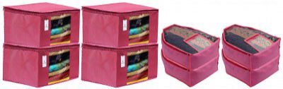 Heart Home Non Woven 4 Pieces Saree Cover/Cloth Wardrobe Organizer and 4 Pieces Blouse Cover Combo Set (Pink) HEART3154