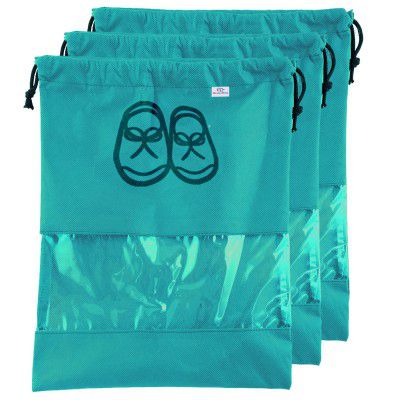 Heart Home Non Woven Waterproof & Portable Drawstring Shoe Cover With Transparent Window,Pack of 3 (Blue)