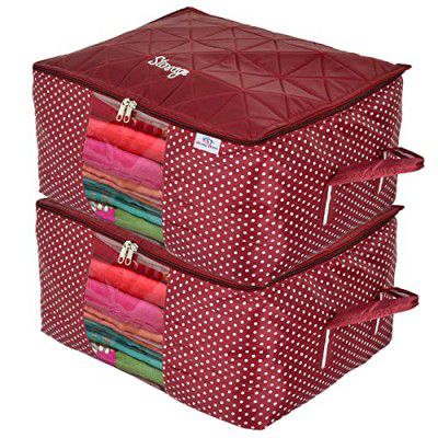 Heart Home Polka Dot Print Polyester Foldable Saree Cover|Clothes For Home & Traveling With Transparent, Extra Large Pack of 2 (Maroon)