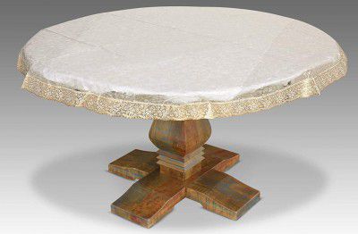 Heart Home PVC Waterproof 4 Seater Round Table Cover with Golden Lace 60 x 60 (Gold)- (CTHH0695)
