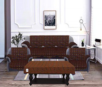 Heart Home Square Design Cotton 5 Seater Sofa Cover with 6 Pieces Arms Cover and 1 Center Table Cover Use Both Side, Living Room, Drawing Room, Bedroom, Guest Room (Set Of17, Brown)
