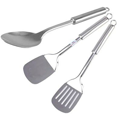 Heart Home Turner|Spatula & Spoon|Stainless Steel Serving Set|Nonstick Cooking Set|Utensils Cookware Gadgets for Kitchen|Pack of 3 (Silver)