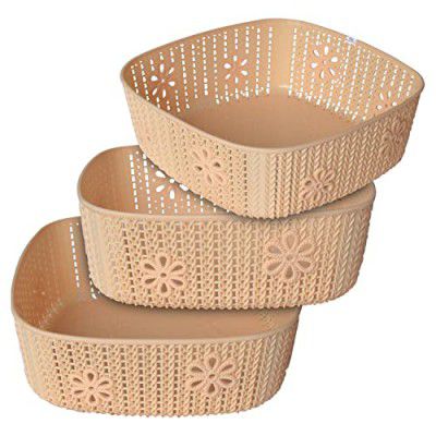 Heart Home Woven Design Multipurpose Square Shape Basket Ideal for Friuts, Vegetable, Toys Small, Medium, Large Pack of 3 (Beige)